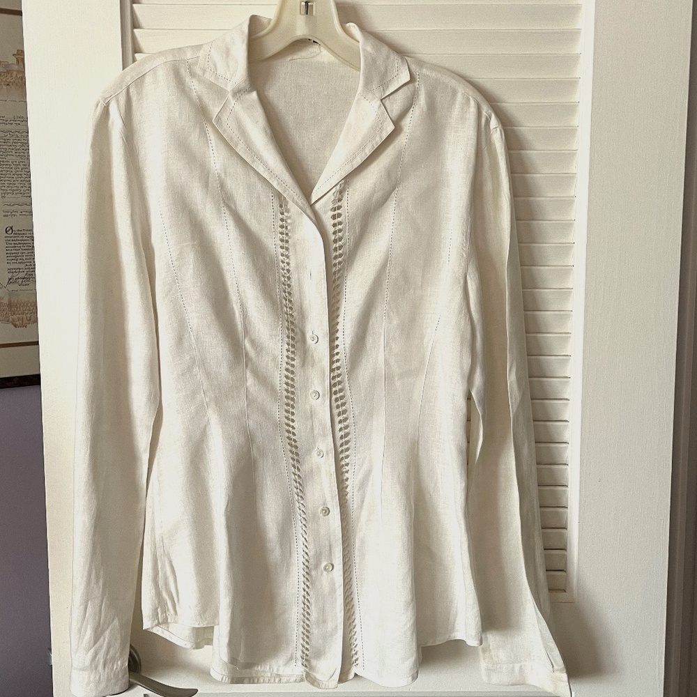 Vintage Tahari Long Sleeved Linen Shirt with Open Work Embroidery